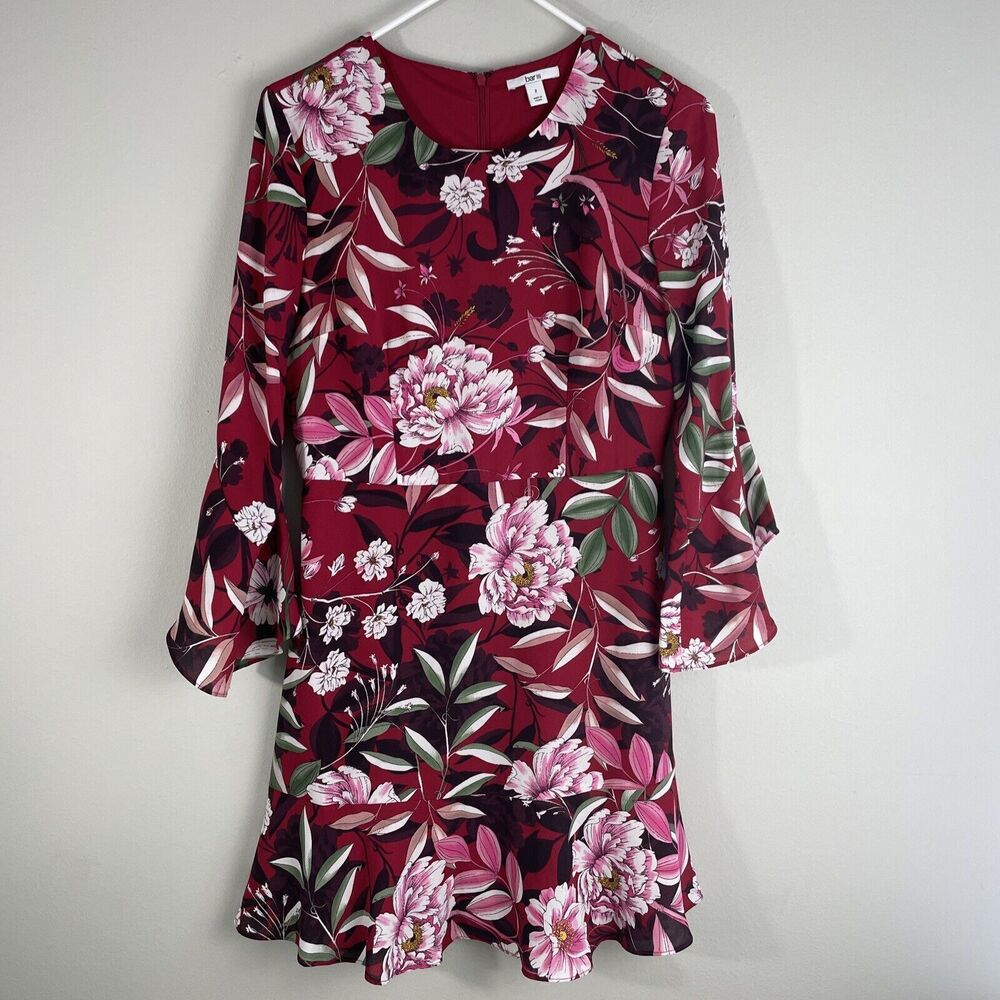Bar III Women’s Floral Ruffled Fit & Flare Dress Bell Sleeves Lined Size 2 Red